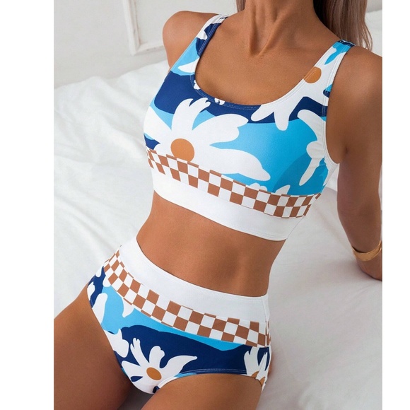 Boho Floral Checkered Print High Waisted Beach Bikini - Picture 2 of 4